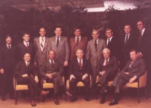 Board of Directors, A.G.Becker & Co., Inc. Early 1974.  Sitting, left to right: Roger Brown, Bill Cockrum, Mac Skall, Paul Judy, Ken Nelson; standing, left to right: Dave Heller, Fred Moss, John Mabie, Jack Donahue, Al Kopin, Jack Connor, Jack Wing, Ed Dugan, and John Levy.